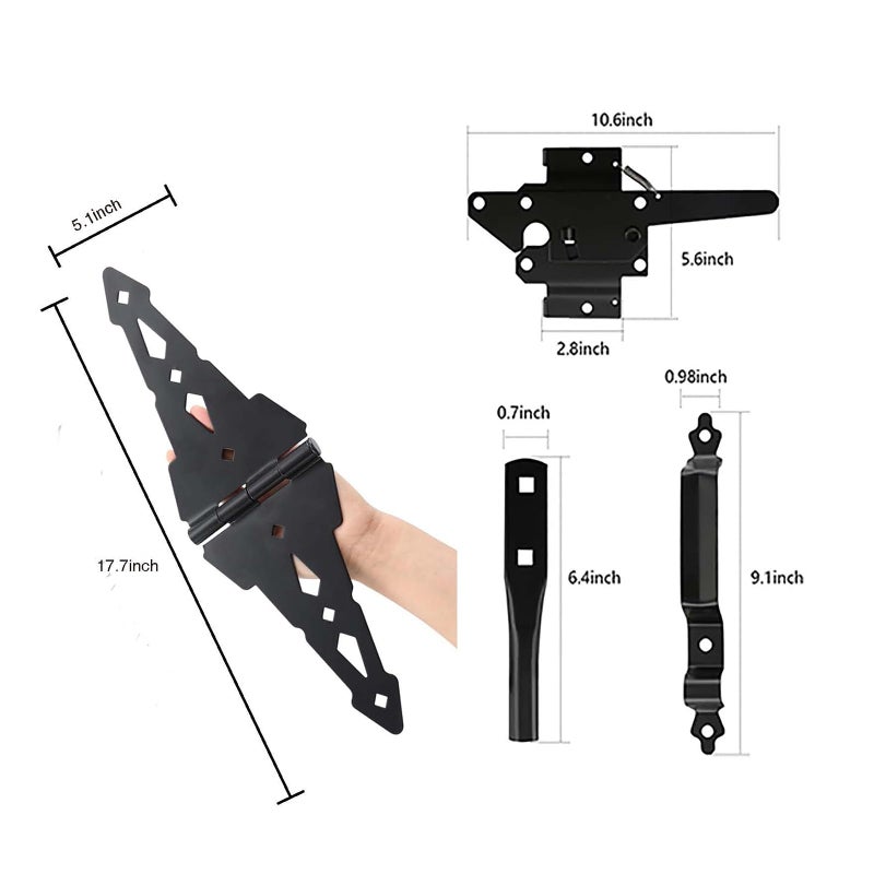 HOME MASTER HARDWARE Wood Gate Hardware Set - Heavy Duty 8" Decorative Strap Hinges and Spring Loaded Latch Kit with Screws for Outdoor Fence Swing Gate Black Finish - Image 2